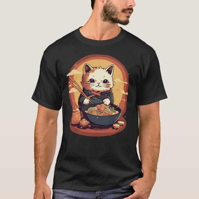 Japanisch Neko Kitty Cat Eating Ramen T-Shirt (Vorderseite)
