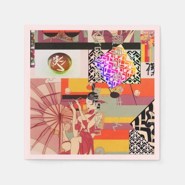 Japanisch Neo- Art Deco Collage "No History" Serviette (Vorderseite)