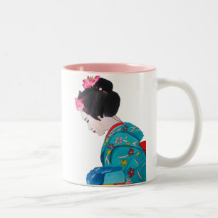 Japanisch niedliche Geisha mit Kirschblüte Zweifarbige Tasse