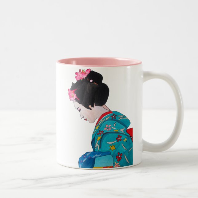 Japanisch niedliche Geisha mit Kirschblüte Zweifarbige Tasse (Rechts)