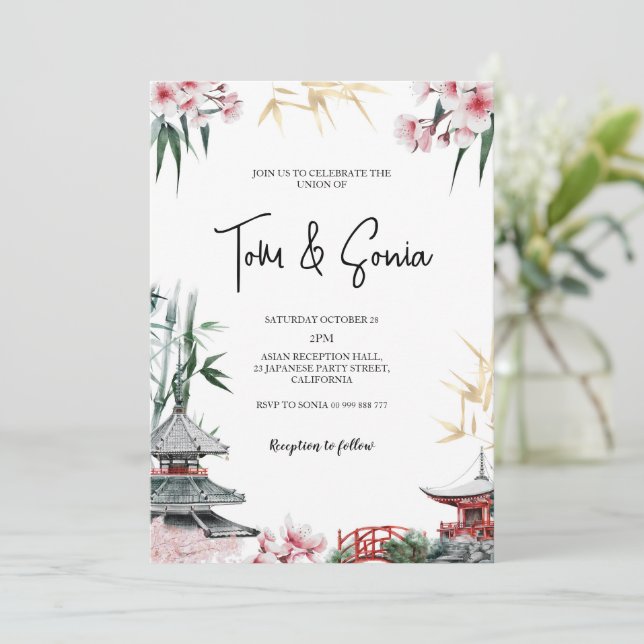 Japanisch Sakura Cherry Blossom Asiatische Hochzei Einladung (Stehend Vorderseite)