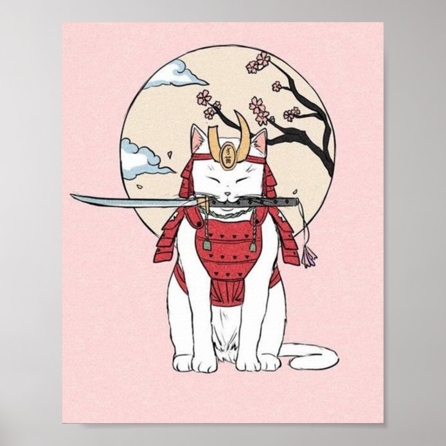 Japanisch Sakura Samurai Cat Poster (Vorne)