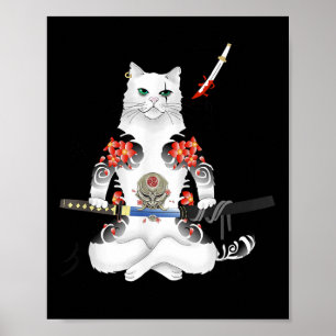 Japanisch Samurai Cat Katana Ninja Yakuza Tattoo Poster