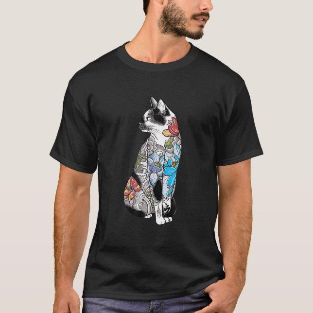 Japanisch Samurai Cat Katana Ninja Yakuza Tattoo T-Shirt (Vorderseite)