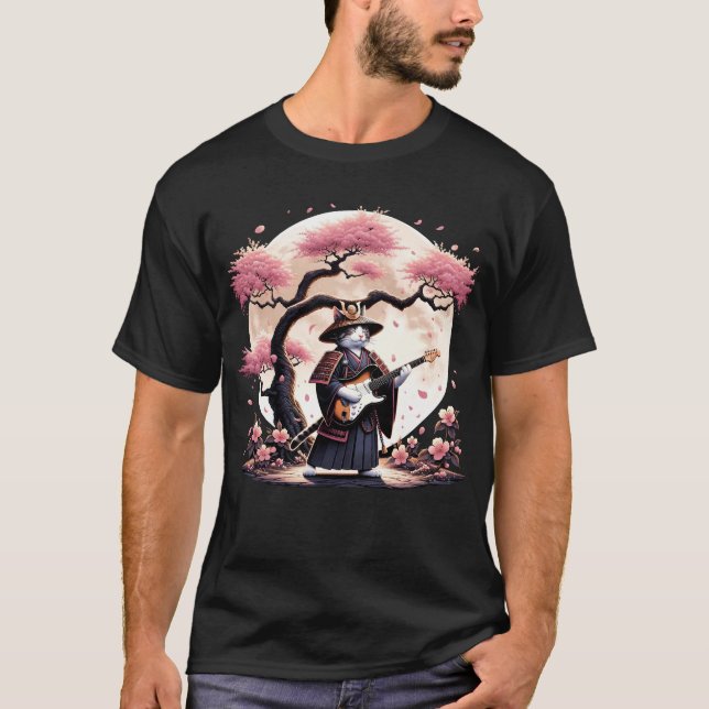 Japanisch Samurai Cat Playing Electric Guitar T-Shirt (Vorderseite)