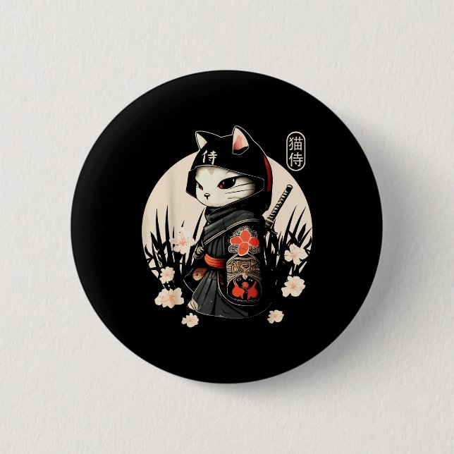 Japanisch Samurai Cat Tattoo, Kawaii Ninja Cat _1 Button (Vorderseite)