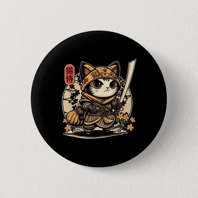 Japanisch Samurai Cat Tattoo, Kawaii Ninja Cat _3 Button (Vorderseite)