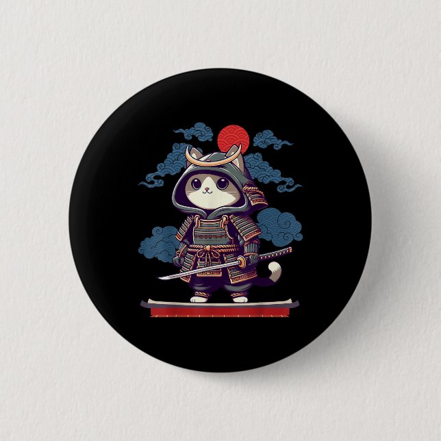 Japanisch Samurai Cat Tattoo Kawaii Ninja Cat Anim Button (Vorderseite)