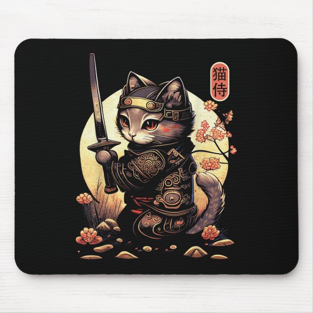 Japanisch Samurai Cat Tattoo, Kawaii Ninja Cat Mousepad (Vorne)