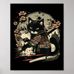 Japanisch Samurai Cat Tattoo, Vintag Kawaii Ninja Poster