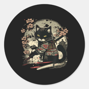 Japanisch Samurai Cat Tattoo, Vintag Kawaii Ninja Runder Aufkleber