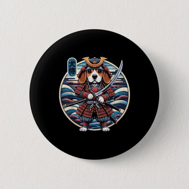 Japanisch Samurai Dog Tattoo, Beagle Kawaii Ninja  Button (Vorderseite)