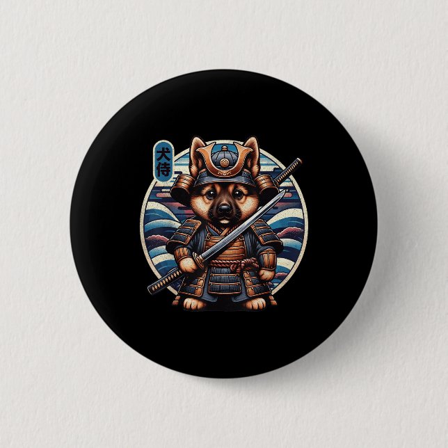 Japanisch Samurai Dog Tattoo, Deutscher Schäferhun Button (Vorderseite)