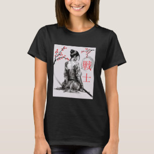 Japanisch Samurai Girl Cherry Blossom Woodblock Ar T-Shirt