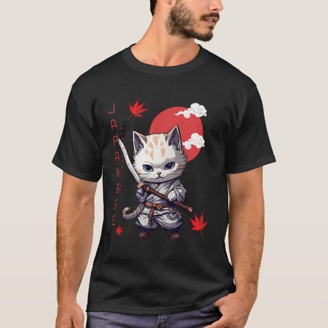 Japanisch Samurai Kitty Kawaii Red Sun Ninja Cat M T-Shirt (Vorderseite)