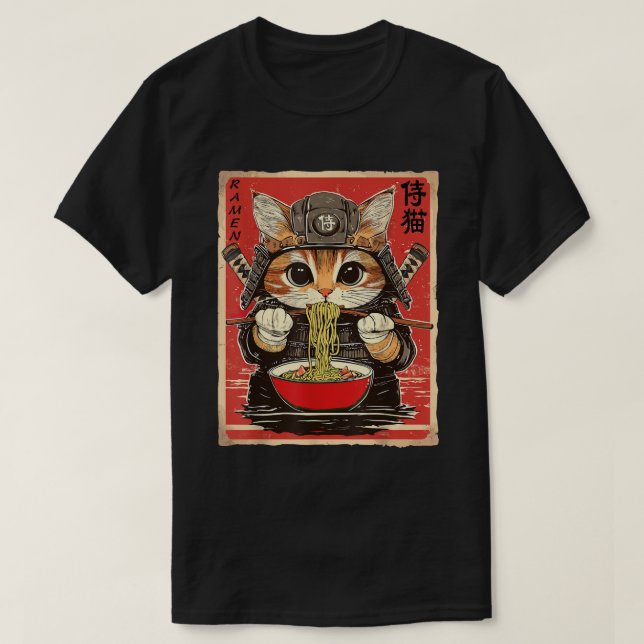 Japanisch Samurai Ninja Cat Eating Ramen Noodles T-Shirt (Design vorne)