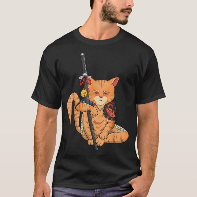 Japanisch Samurai Ninja Cat Kawaii Tattoo Graphic  T-Shirt (Vorderseite)