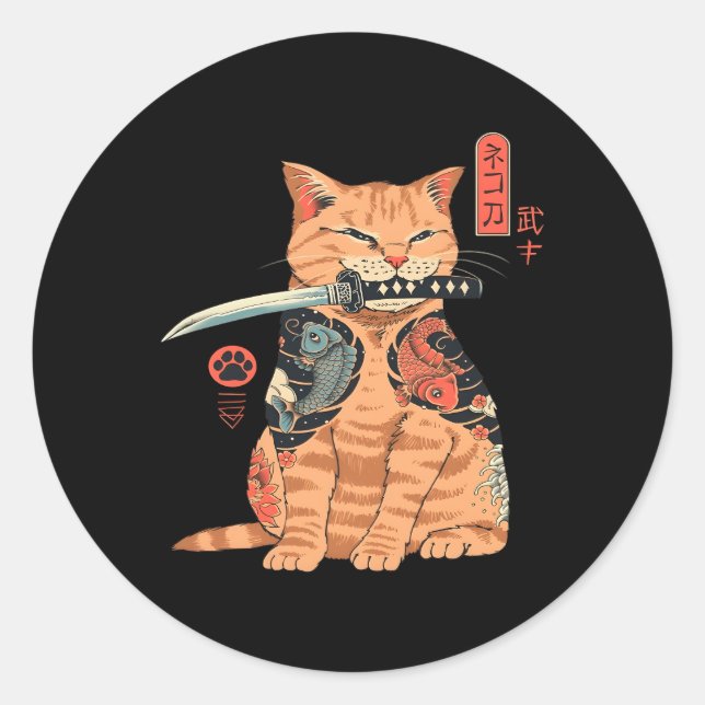 Japanisch Samurai Ninja Cat Kawaii Tattoo Runder Aufkleber (Vorderseite)