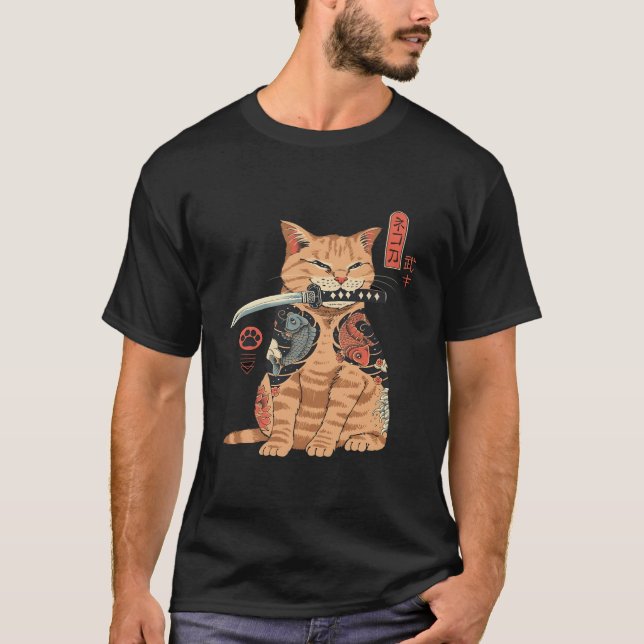 Japanisch Samurai Ninja Cat Kawaii Tattoo T-Shirt (Vorderseite)
