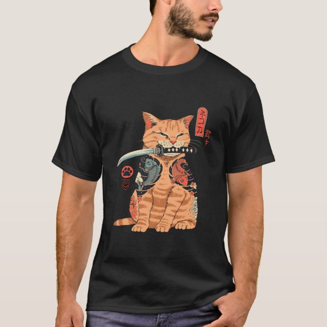 Japanisch Samurai Ninja Cat Kawaii Tattoo T-Shirt (Vorderseite)