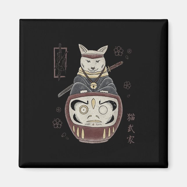 Japanisch Samurai Ninja Cat on Daruma Traditional  Magnet (Vorne)