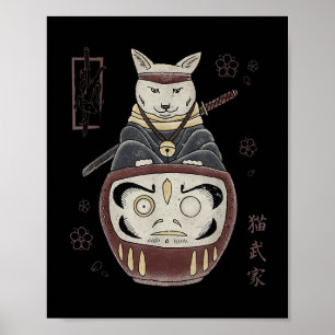 Japanisch Samurai Ninja Cat on Daruma Traditional  Poster