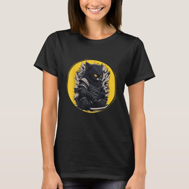 Japanisch Samurai Ninja Cat T-Shirt (Vorderseite)