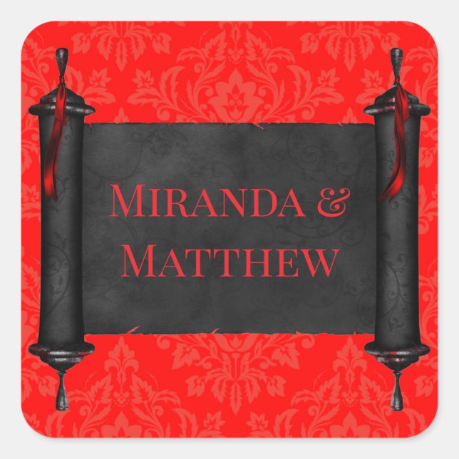 Japanisch Scroll Red Black Damask Hochzeit Quadratischer Aufkleber (Vorderseite)