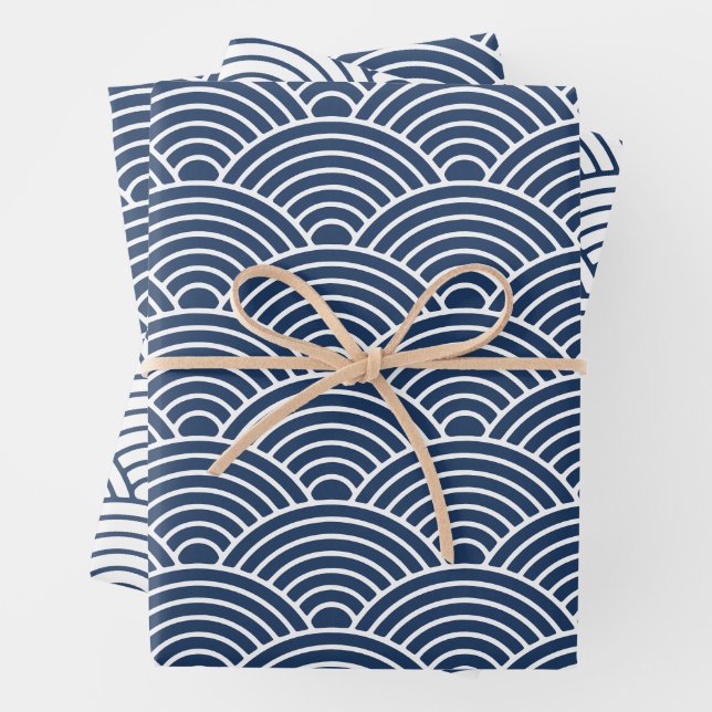 Japanisch Seigaiha Wave | Navy Blue Geschenkpapier Set (Beispiel)