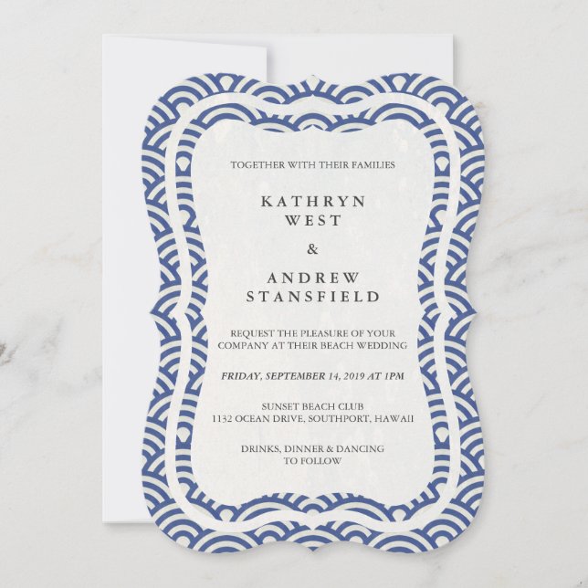 Japanisch Seigaiha Waves Elegant Beach Wedding Einladung (Vorderseite)