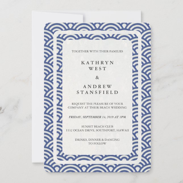 Japanisch Seigaiha Waves Elegant Beach Wedding Einladung (Vorderseite)