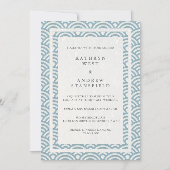 Japanisch Seigaiha Waves Elegant Beach Wedding Einladung (Vorderseite)