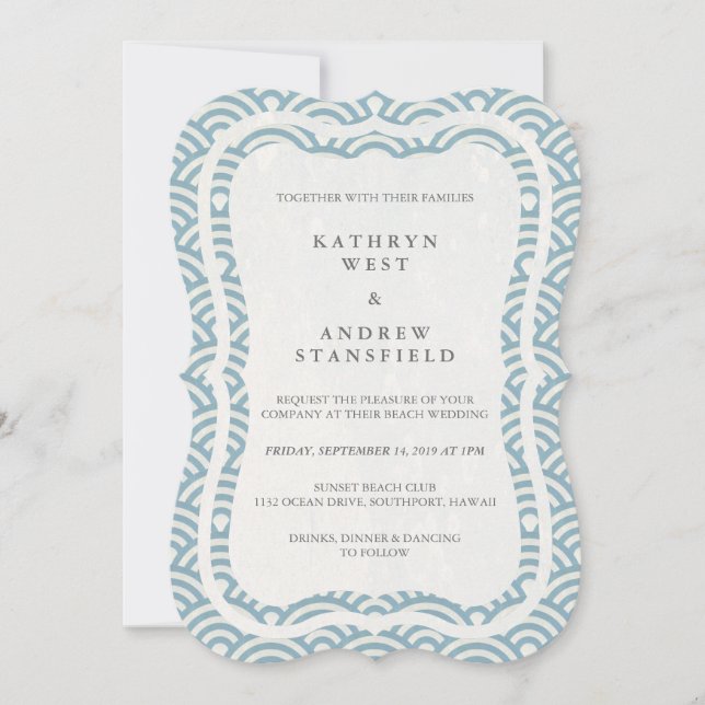 Japanisch Seigaiha Waves Elegant Beach Wedding Einladung (Vorderseite)