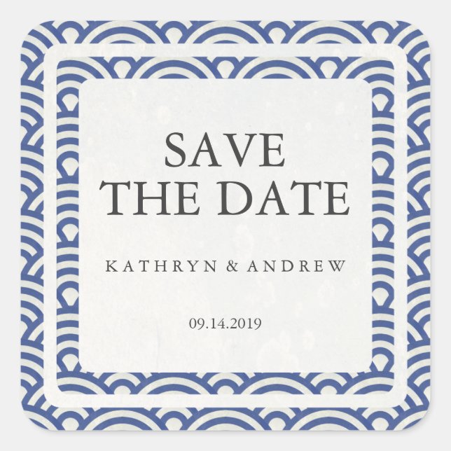 Japanisch Seigaiha Wedding Save the Date oder Cust Quadratischer Aufkleber (Vorderseite)