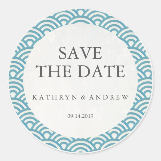 Japanisch Seigaiha Wedding Save the Date oder Cust Runder Aufkleber (Vorderseite)