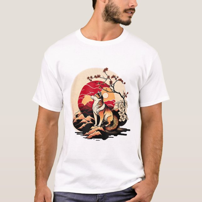 Japanisch Shiba Inu Dog Sunset Ukiyo e Style T-Shirt (Vorderseite)
