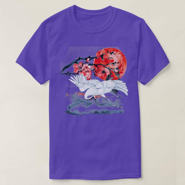 Japanisch Sumi E Crane und Sakura T-Shirt (Design vorne)