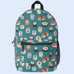 Japanisch Sushi Bedruckter Rucksack<br><div class="desc">Japanische Kunst-Muster mit Sushi-,  Nigiri- und Maki-Brötchen auf aquamarinem grünem Hintergrund. Ideal für Feinschmecker,  Koch und Gourmets. Originelle Kunst von Nic Squirrell.</div>