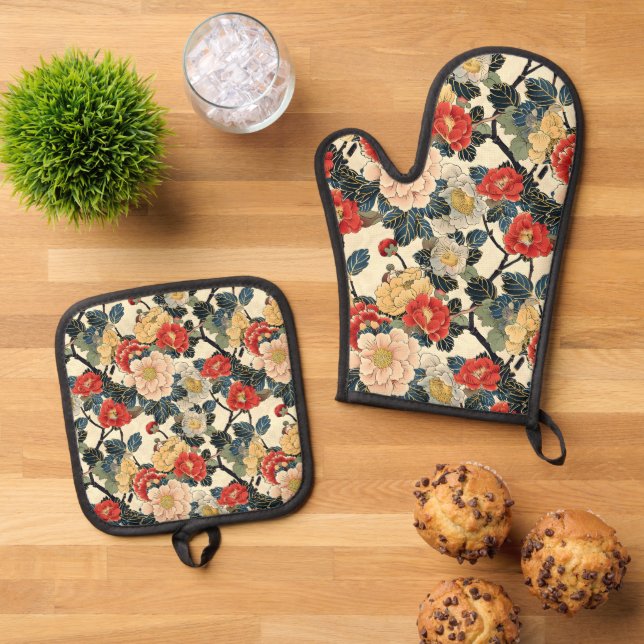 Japanisch Ukiyo-E Art Floral Pattern Ofenhandschuh & Topflappen-Set (Oben Unten)