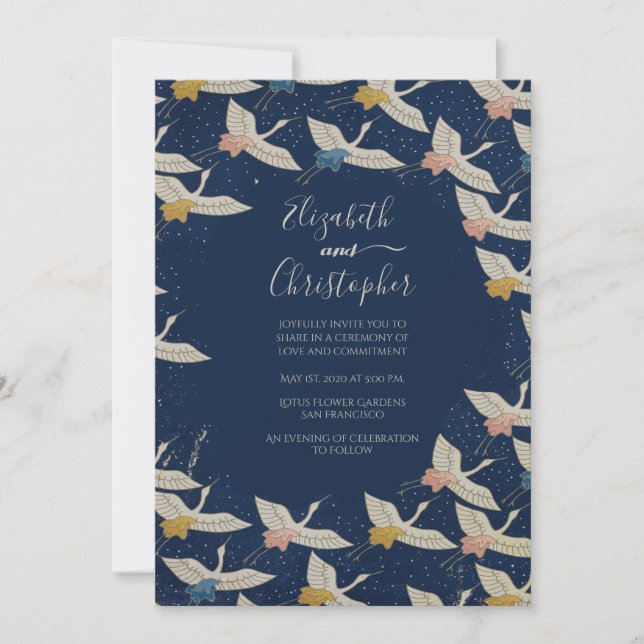 Japanisch Vintag Cranes Blue Elegante Hochzeit Einladung (Vorderseite)