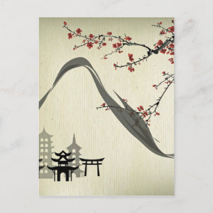 Japanisch, vintage, Kirschblüte, Wasserfarbe, Kuns Postkarte