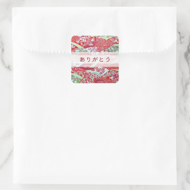Japanisch Washi Art Red Floral "Danke" Square Quadratischer Aufkleber (Tasche)