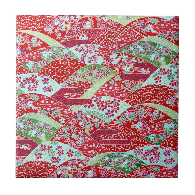 Japanisch Washi Art Red Floral Origami Yuzen Tile Fliese (Vorderseite)