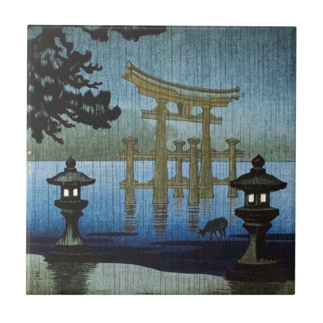 Japanische Abends-Regen Woodblock Kunst Ukiyo-e Fliese (Vorderseite)