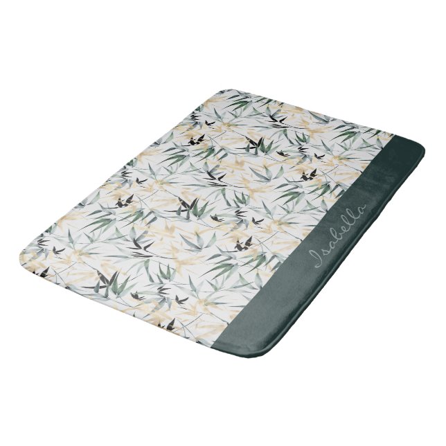 Japanische Aquarellfarben-goldgrünes Bambusmuster Badematte (Schrägansicht)