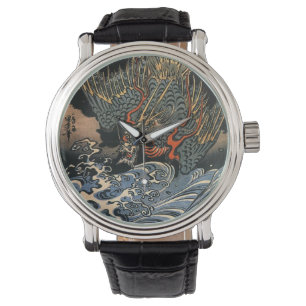 Japanische Art Ukiyo-e Dragon Leather Watch Armbanduhr
