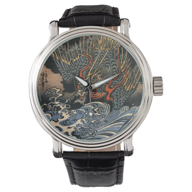 Japanische Art Ukiyo-e Dragon Leather Watch Armbanduhr (Vorderseite)