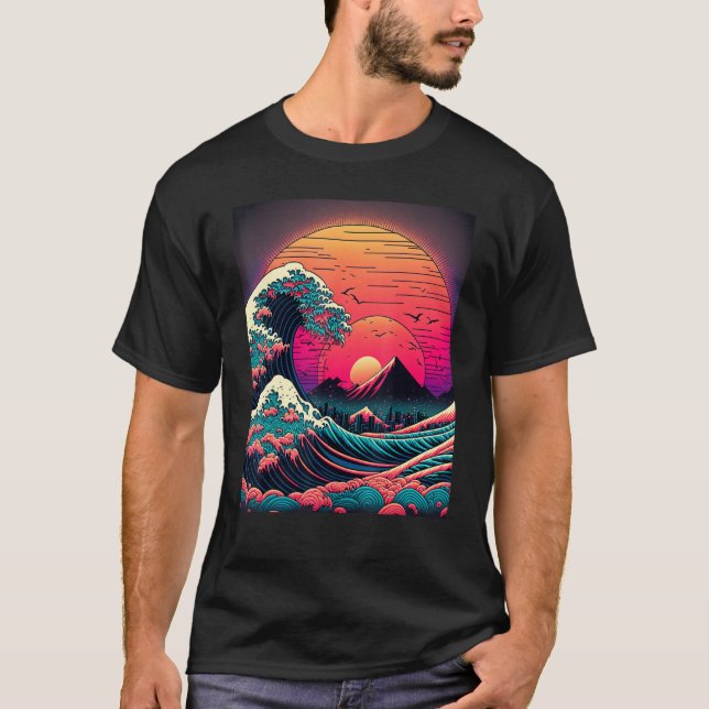 Japanische Art Ukiyo-e Stil Retrowave große Welle  T-Shirt (Vorderseite)