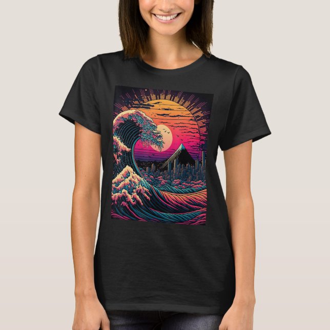 Japanische Art Ukiyo-e Stil Retrowave große Welle  T-Shirt (Vorderseite)