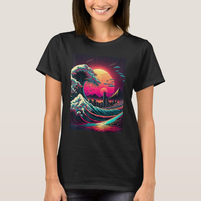 Japanische Art Ukiyo-e Stil Retrowave große Welle  T-Shirt (Vorderseite)